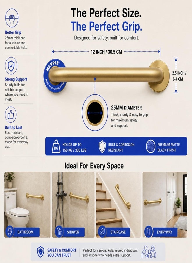 MEXPLE TeXXa12G Stainless Steel Grab Bar for Bathroom | Heavy-Duty Wall Support Handle for Elderly & Safety | Anti-Rust, Anti-Slip Grip | Ideal for Toilet, Shower & Home Safety (12 Inch) - Image 5