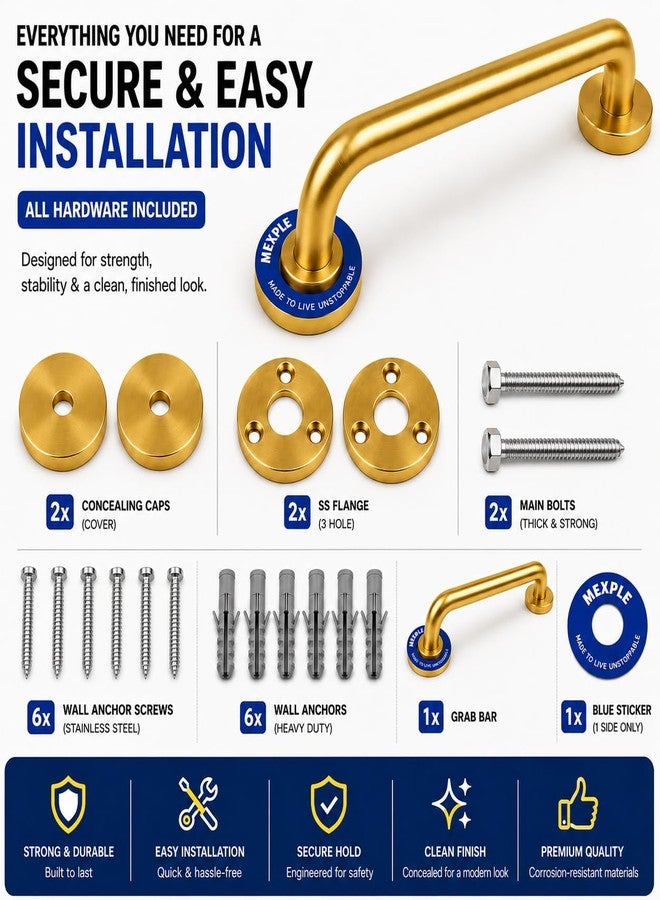 MEXPLE TeXXa12G Stainless Steel Grab Bar for Bathroom | Heavy-Duty Wall Support Handle for Elderly & Safety | Anti-Rust, Anti-Slip Grip | Ideal for Toilet, Shower & Home Safety (12 Inch) - Image 4
