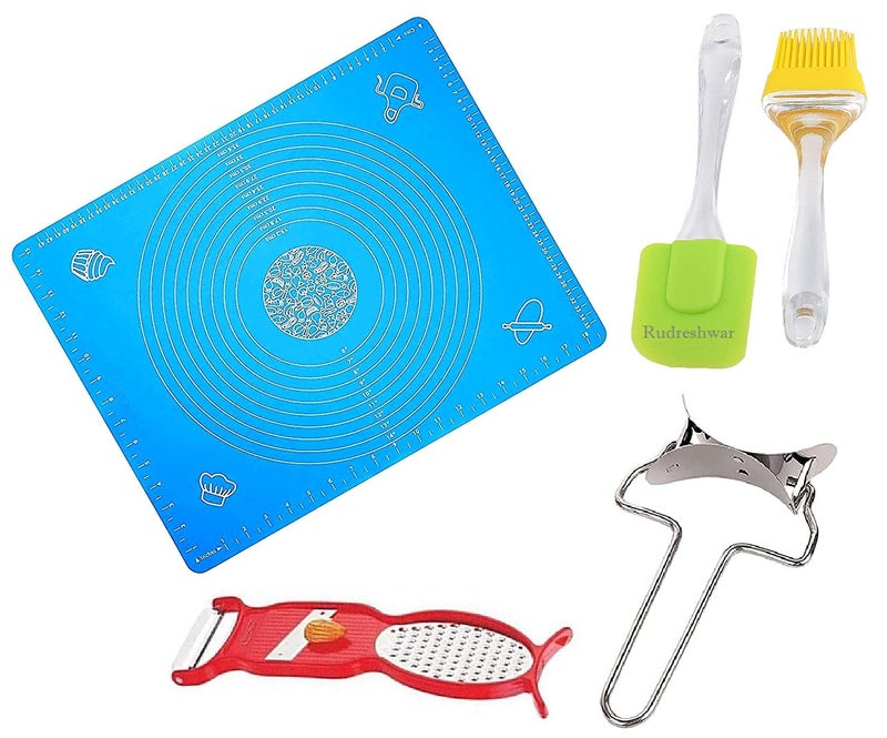 RUDRESHWAR Silicone Baking Sheet Roti chapati Rolling Baking Sheet mat1 Pic Oil Brush Spatula 2 Pic Puri Cutter1 Pic 4 in 1 Peeler 1 Pic Multi Color - Image 1