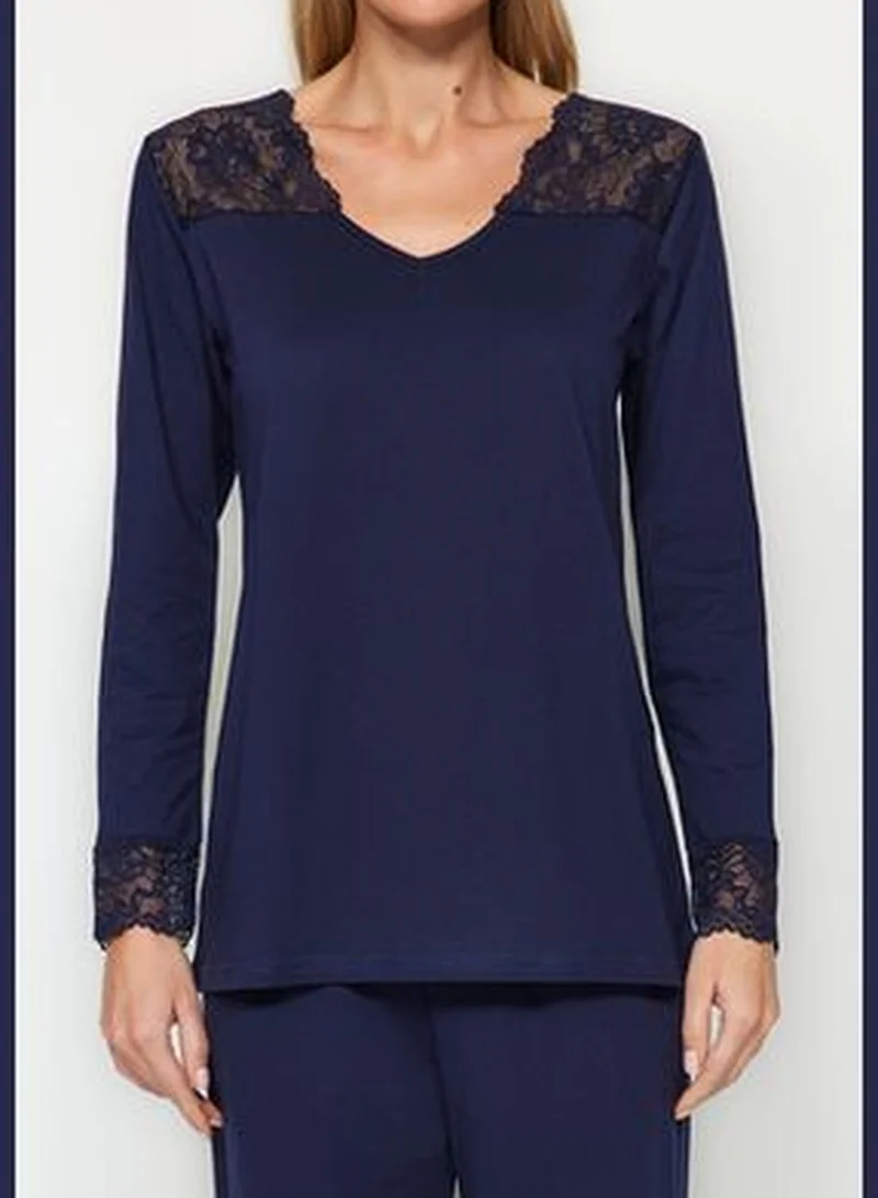 trendyol Navy Blue 100% Cotton T-shirt-Pants with Lace Detailed Knitted Pajamas Set THMAW24PT00199.