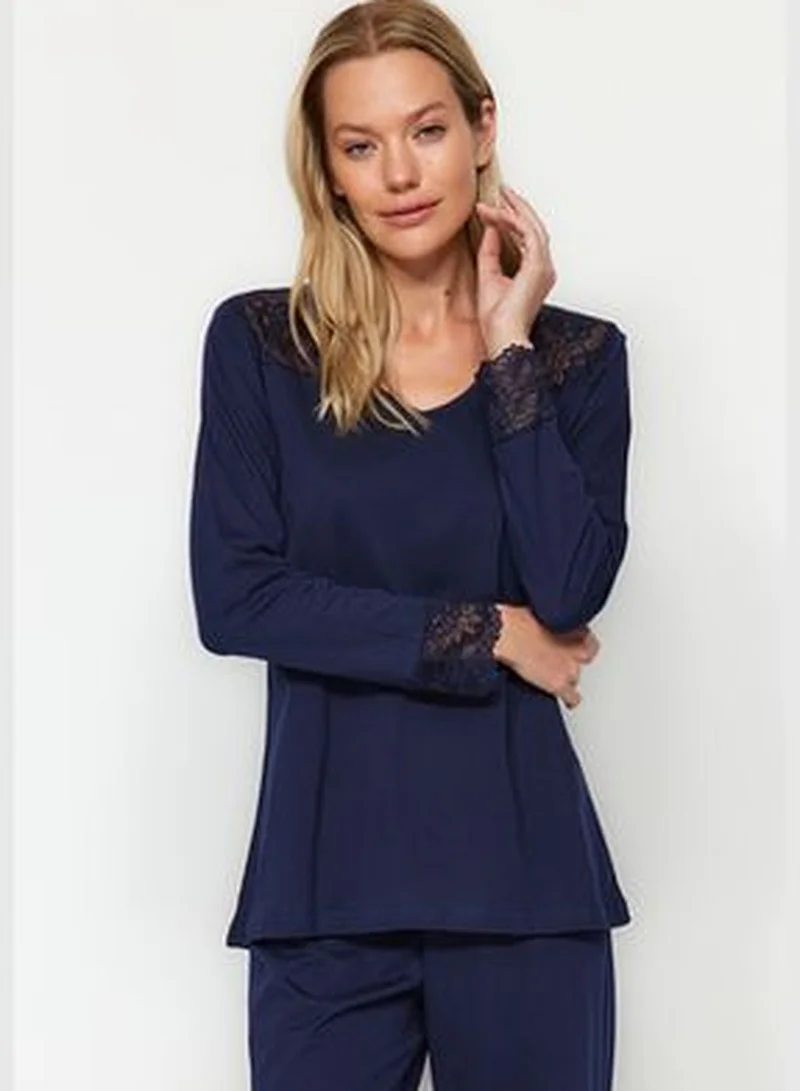 trendyol Navy Blue 100% Cotton T-shirt-Pants with Lace Detailed Knitted Pajamas Set THMAW24PT00199.