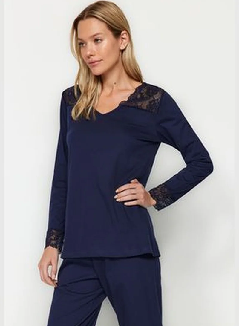trendyol Navy Blue 100% Cotton T-shirt-Pants with Lace Detailed Knitted Pajamas Set THMAW24PT00199.