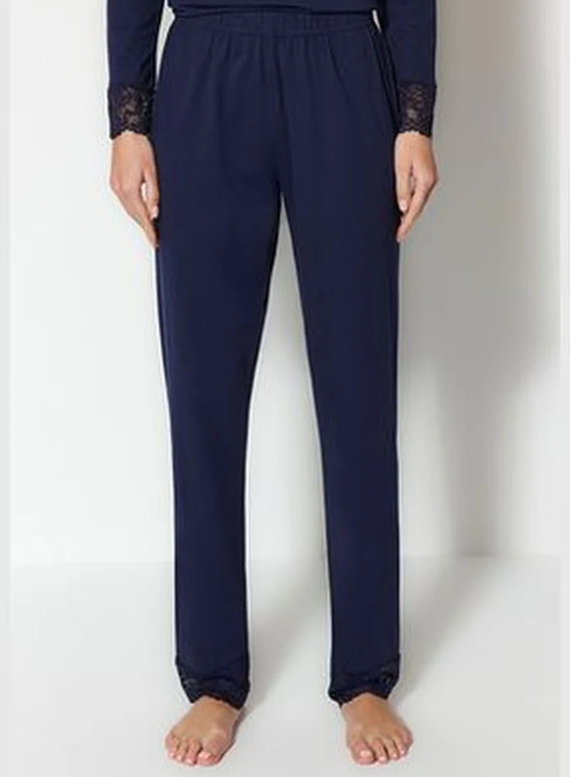 trendyol Navy Blue 100% Cotton T-shirt-Pants with Lace Detailed Knitted Pajamas Set THMAW24PT00199.