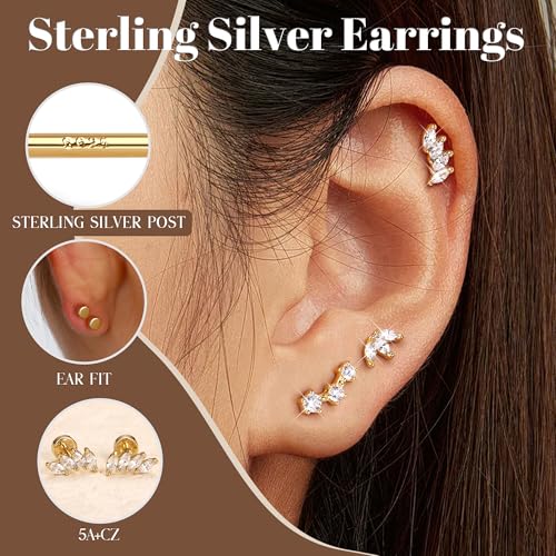 YADOCA Sterling Silver Flat Back Earrings for Women Hypoallergenic 14K Gold Plated Flatback Stud Earrings Trendy Cartilage Helix Conch Tragus Piercing Jewelry 3 Pairs Dainty CZ Opal Earring Set - Image 3