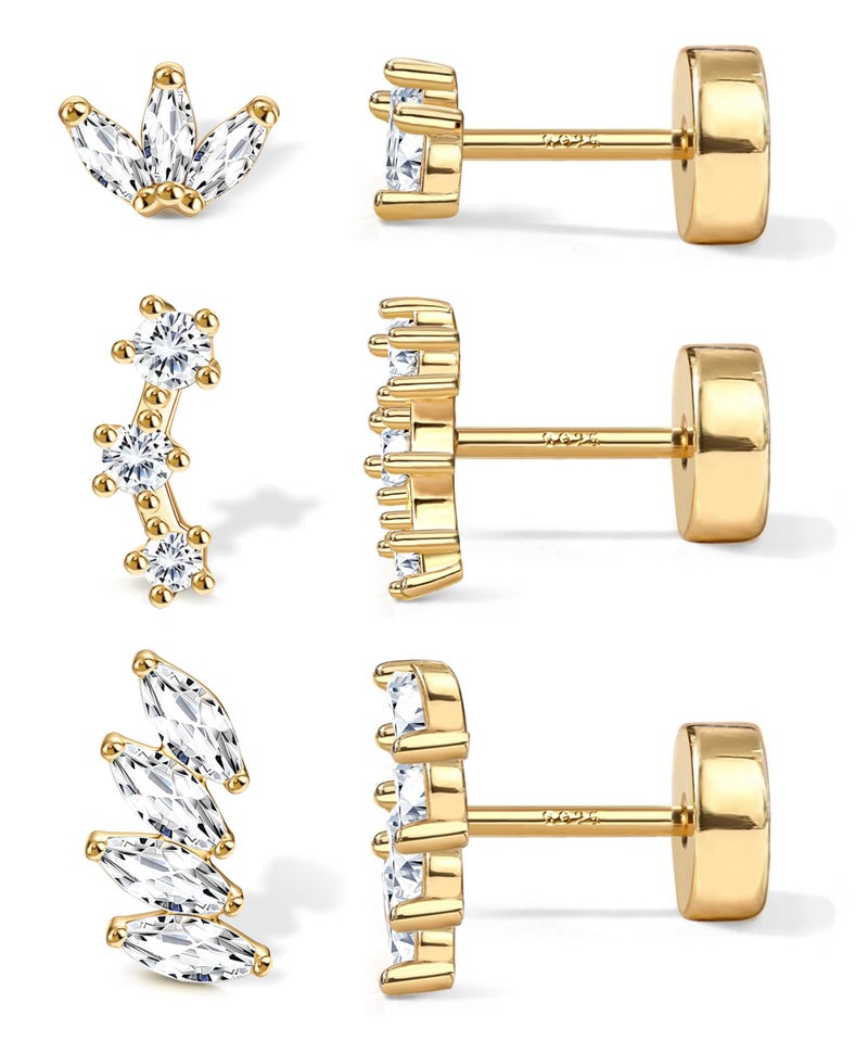 YADOCA Sterling Silver Flat Back Earrings for Women Hypoallergenic 14K Gold Plated Flatback Stud Earrings Trendy Cartilage Helix Conch Tragus Piercing Jewelry 3 Pairs Dainty CZ Opal Earring Set - Image 1