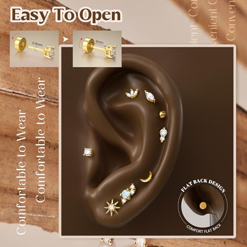 YADOCA Sterling Silver Flat Back Earrings for Women Hypoallergenic 14K Gold Plated Flatback Stud Earrings Trendy Cartilage Helix Conch Tragus Piercing Jewelry 3 Pairs Dainty CZ Opal Earring Set - Image 4