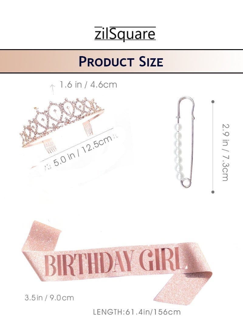 zilSquare Birthday Girl Sash & Rhinestone Tiara Set for Kids – Rose Gold Glitter Birthday Girl Sash + Princess Crown for Girls, Sparkly Rhinestone Tiara with Combs, Kids Birthday Accessories, Party Dress-Up Outfit, Celebration Kit, Photo Props, Princess Birthday Gift Set - Image 3