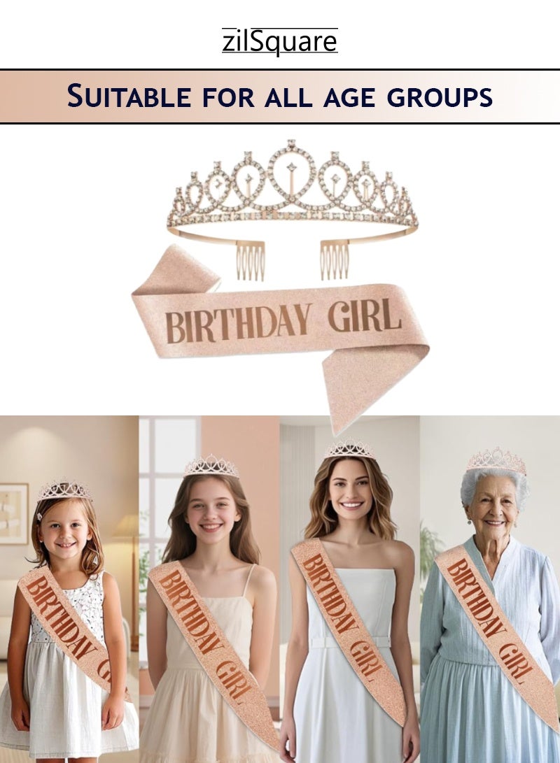 zilSquare Birthday Girl Sash & Rhinestone Tiara Set for Kids – Rose Gold Glitter Birthday Girl Sash + Princess Crown for Girls, Sparkly Rhinestone Tiara with Combs, Kids Birthday Accessories, Party Dress-Up Outfit, Celebration Kit, Photo Props, Princess Birthday Gift Set - Image 2