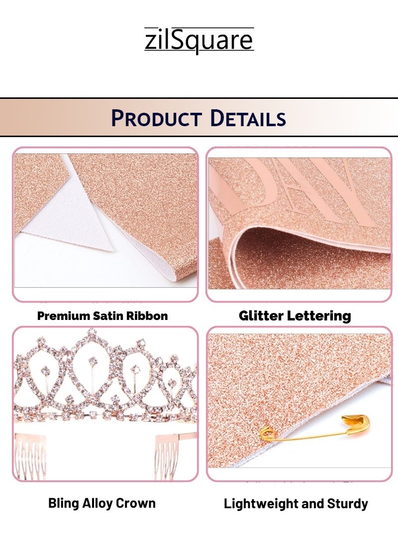zilSquare Birthday Girl Sash & Rhinestone Tiara Set for Kids – Rose Gold Glitter Birthday Girl Sash + Princess Crown for Girls, Sparkly Rhinestone Tiara with Combs, Kids Birthday Accessories, Party Dress-Up Outfit, Celebration Kit, Photo Props, Princess Birthday Gift Set - Image 4