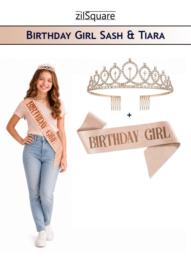 zilSquare Birthday Girl Sash & Rhinestone Tiara Set for Kids – Rose Gold Glitter Birthday Girl Sash + Princess Crown for Girls, Sparkly Rhinestone Tiara with Combs, Kids Birthday Accessories, Party Dress-Up Outfit, Celebration Kit, Photo Props, Princess Birthday Gift Set - Image 1