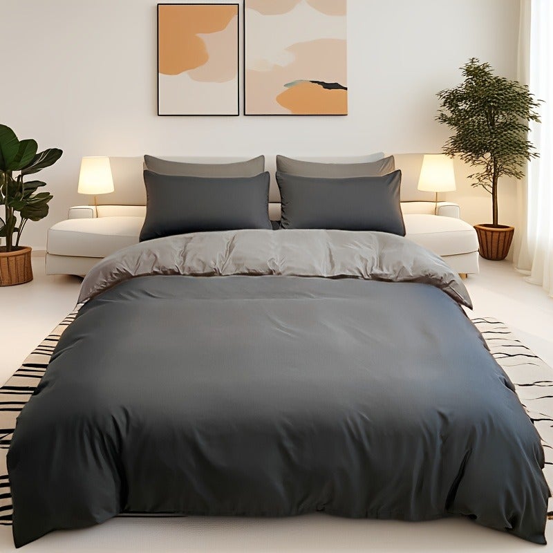 5pcs Dual-Style Solid Color Duvet Cover and Pillowcase Set, Brushed Fabric Skin-Friendly All-Season Breathable Comfortable Minimalist Duvet Cover and Pillowcase Set, Includes One Duvet Cover and Four Pillowcases - Image 1