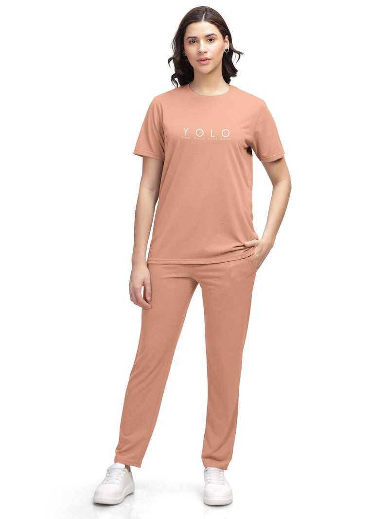 HELLCAT Trendy Printed/Solid T Shirt with Pants Lounge Wear/Coords/Clothing Set for Women_Orange_Large - Image 1