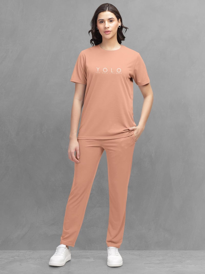 HELLCAT Trendy Printed/Solid T Shirt with Pants Lounge Wear/Coords/Clothing Set for Women_Orange_Large - Image 2