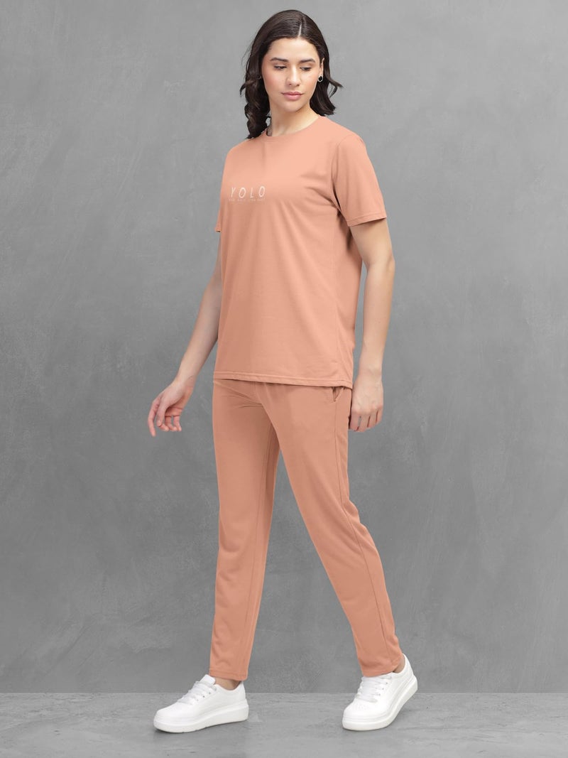 HELLCAT Trendy Printed/Solid T Shirt with Pants Lounge Wear/Coords/Clothing Set for Women_Orange_Large - Image 4