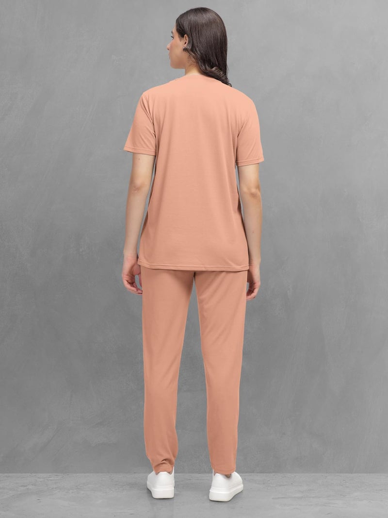 HELLCAT Trendy Printed/Solid T Shirt with Pants Lounge Wear/Coords/Clothing Set for Women_Orange_Large - Image 3