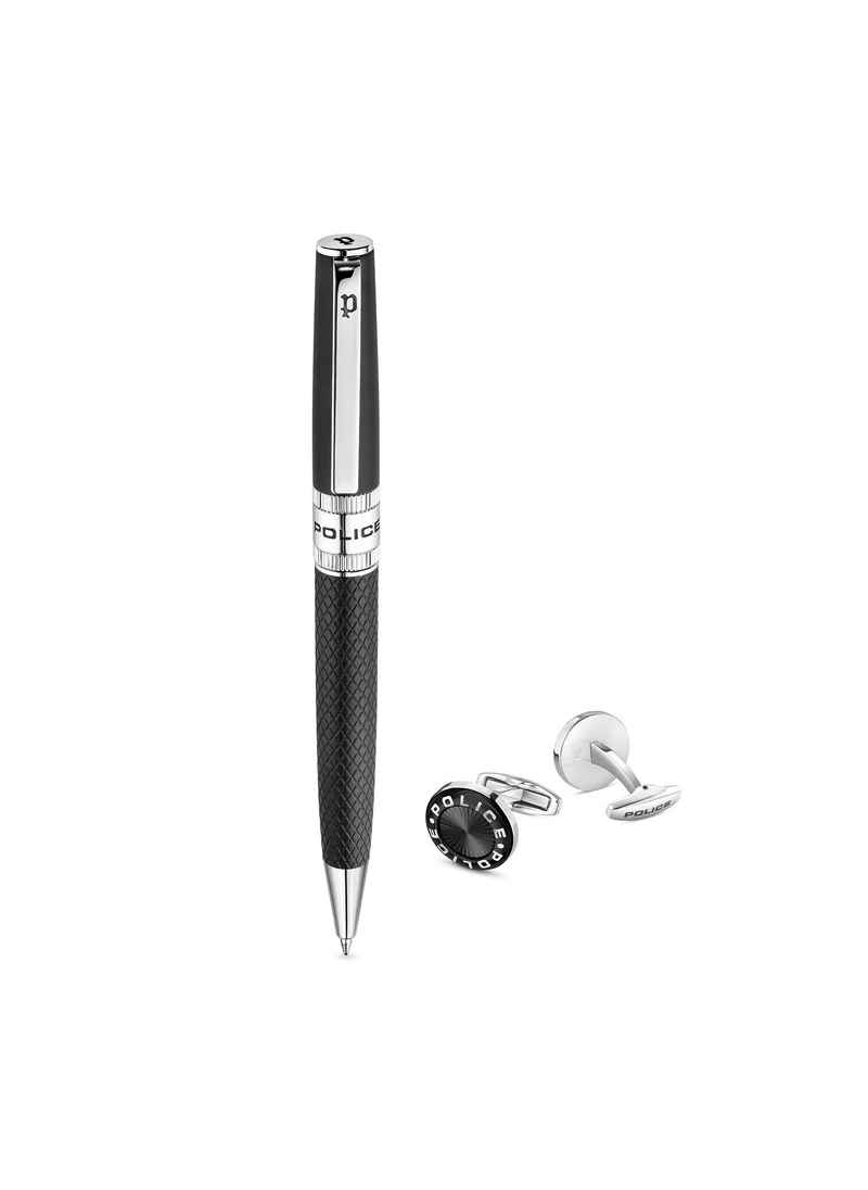 POLICE Serif Black Pen and Rim Cufflinks Set Box for Men's