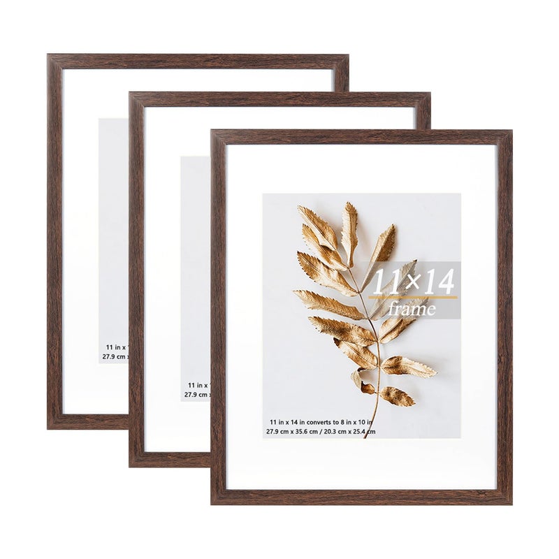 Hogaryo 11x14 Picture Frame Brown 3 Pcs Frames can Display 8x10 Picture with Mat or 11x14 Without Mat on the Wall - Image 1