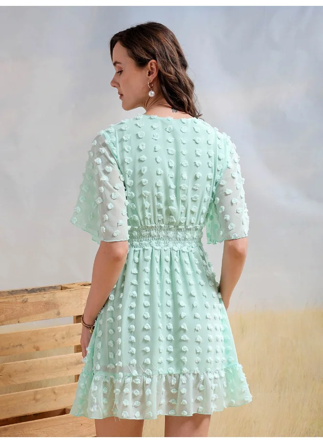 Freehand Women Casual Fit And Flare Textured Smocked V-Neck Mini Dress