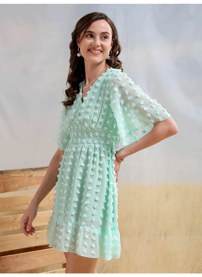 Freehand Women Casual Fit And Flare Textured Smocked V-Neck Mini Dress