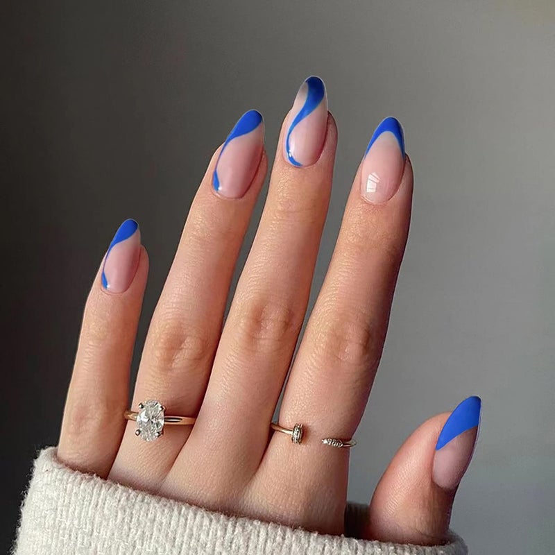 MABKJLF 24 Pcs Press On Medium French Tip Almond Fake Nails Blue Swirl Full Cover False Nails with Designs Glossy Royal Blue Nail Tip Acrylic Artificial Nails for Women Girls - Image 3