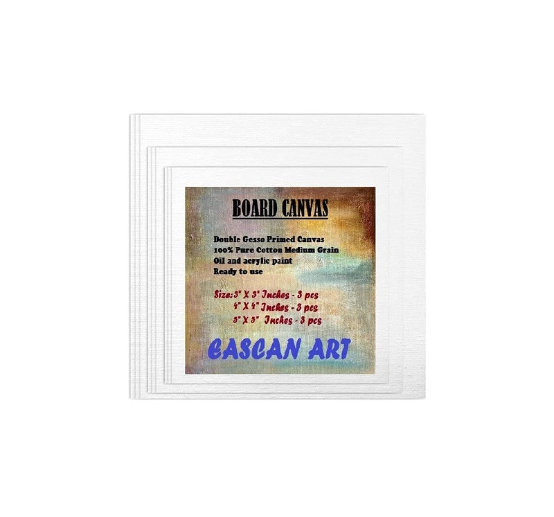 EASCAN ART Cotton Canvas Boards for Painting Combo Pack (White) (3x3, 4x4, 5x5 Inches) Pack of 9 Combo - Image 1