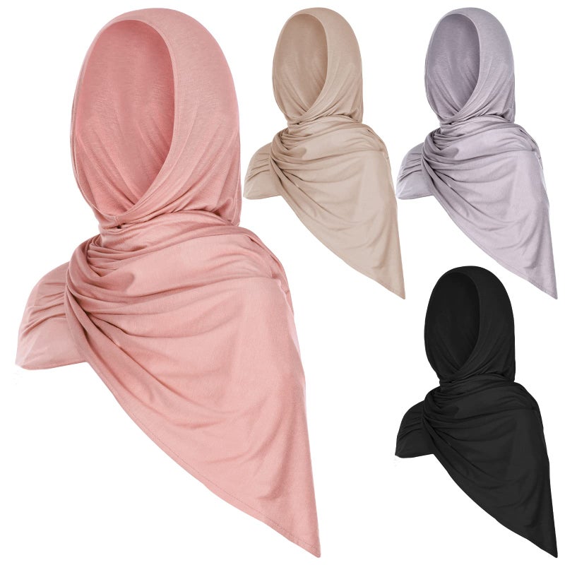 Vabean 4 Pcs Instant Hijab for Women Jersey Hijabs Pinless Ramadan Islamic Muslim Head Wraps Premium Head Scarf Shawl turban(Black, Dusty Rose, Vanilla, Gray) - Image 1