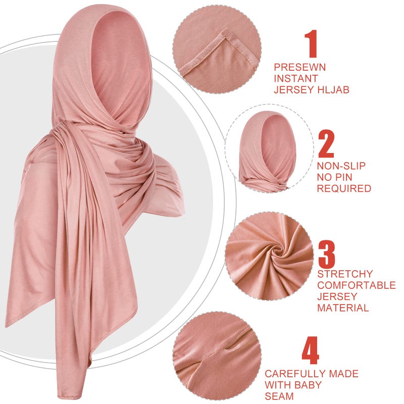 Vabean 4 Pcs Instant Hijab for Women Jersey Hijabs Pinless Ramadan Islamic Muslim Head Wraps Premium Head Scarf Shawl turban(Black, Dusty Rose, Vanilla, Gray) - Image 2