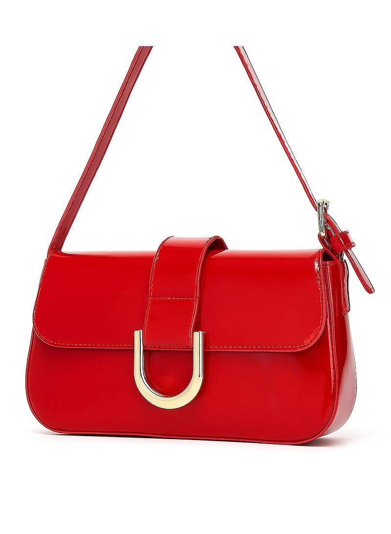 Glossy Red PU Leather Shoulder Bag – Sleek U-Lock Design, 24cm - Image 1