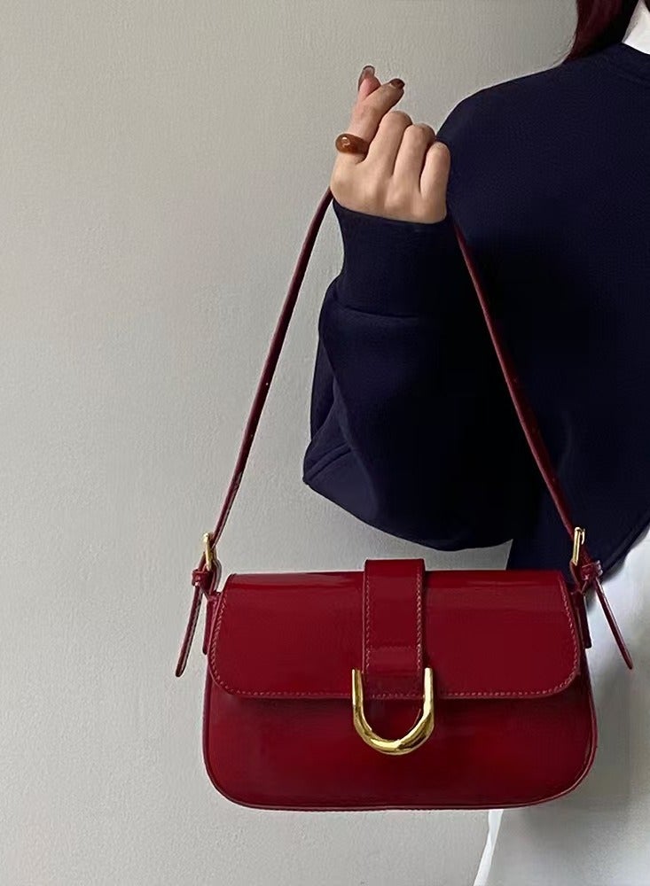Glossy Red PU Leather Shoulder Bag – Sleek U-Lock Design, 24cm - Image 4