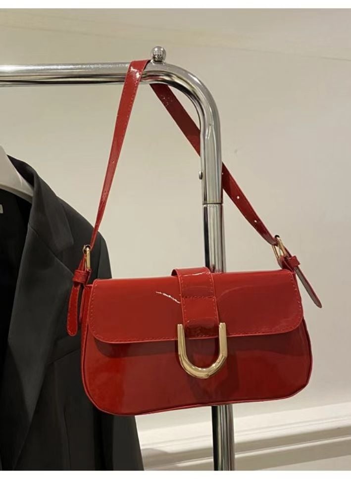 Glossy Red PU Leather Shoulder Bag – Sleek U-Lock Design, 24cm - Image 2
