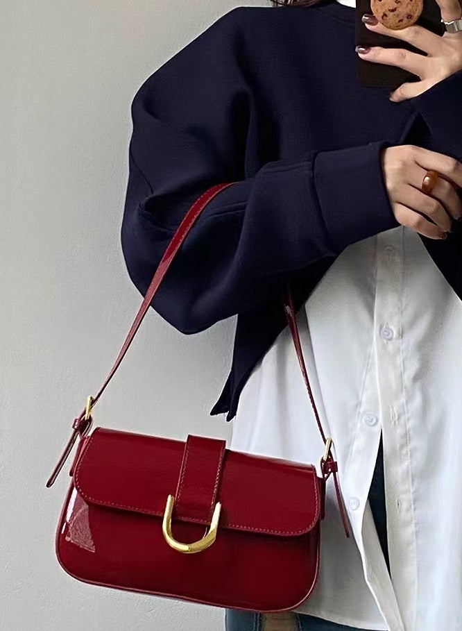 Glossy Red PU Leather Shoulder Bag – Sleek U-Lock Design, 24cm - Image 5