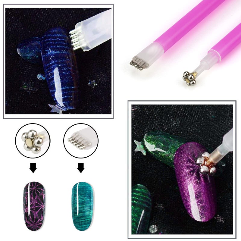 Ideal Swan 8 Pieces Nail Magnet Tool Set, Double-head Flower Design Nail Magnet Pens Magnet Stick 3D Magnetic Cat Eye Gel Polish Nail Art, for DIY 3d Magnetic, Salon, Studio or Home - Image 2