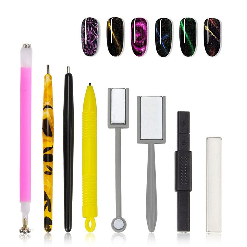 Ideal Swan 8 Pieces Nail Magnet Tool Set, Double-head Flower Design Nail Magnet Pens Magnet Stick 3D Magnetic Cat Eye Gel Polish Nail Art, for DIY 3d Magnetic, Salon, Studio or Home - Image 1