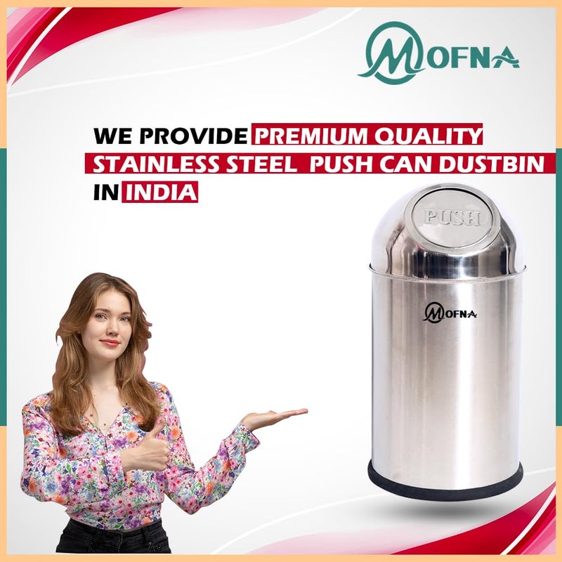 mofna Stainless Steel Push Can Dustbin Trash Can Paper Bin Round Shape use for Home, Office, Kitchen, Bathroom (8x16 Inch, 10 Liter, Silver) - Image 5