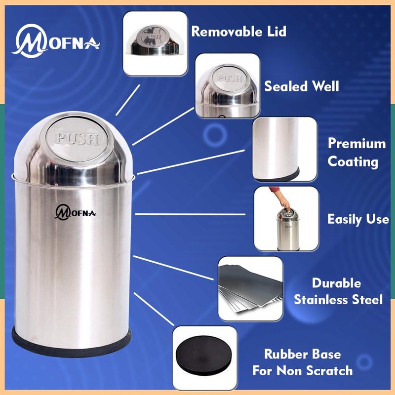 mofna Stainless Steel Push Can Dustbin Trash Can Paper Bin Round Shape use for Home, Office, Kitchen, Bathroom (8x16 Inch, 10 Liter, Silver) - Image 3