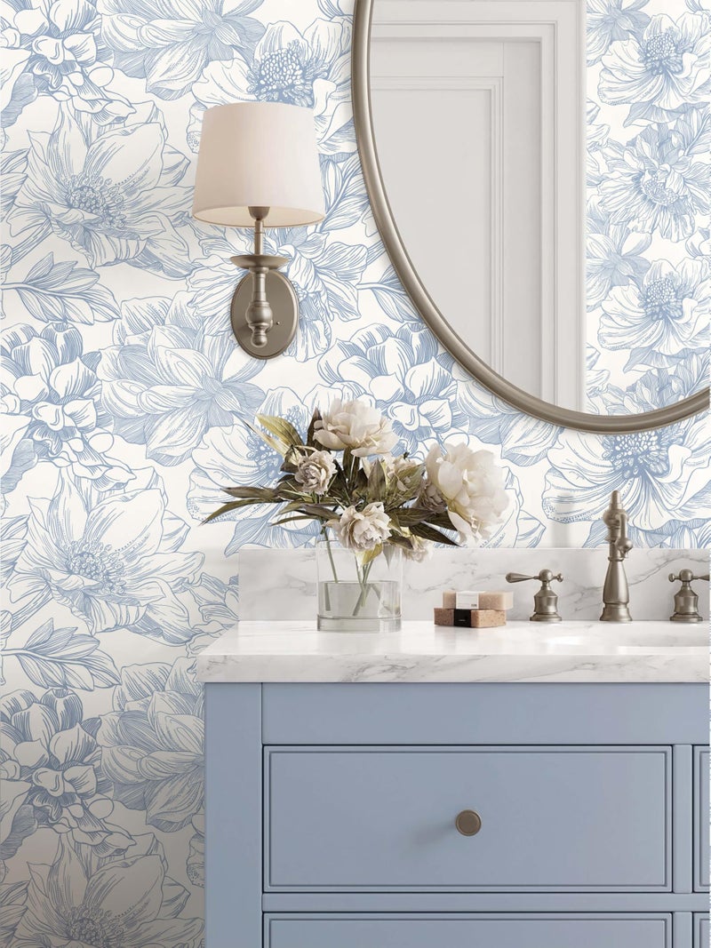 Ismoon Vintage Floral Wallpaper Peel and Stick Beige and Blue Contact Paper 17.3inx6.5ft Removable Self Adhesive Wall Paper for Bathroom Bedroom Cabinet Mural Wall Decor Vinyl Renter Friendly - Image 3
