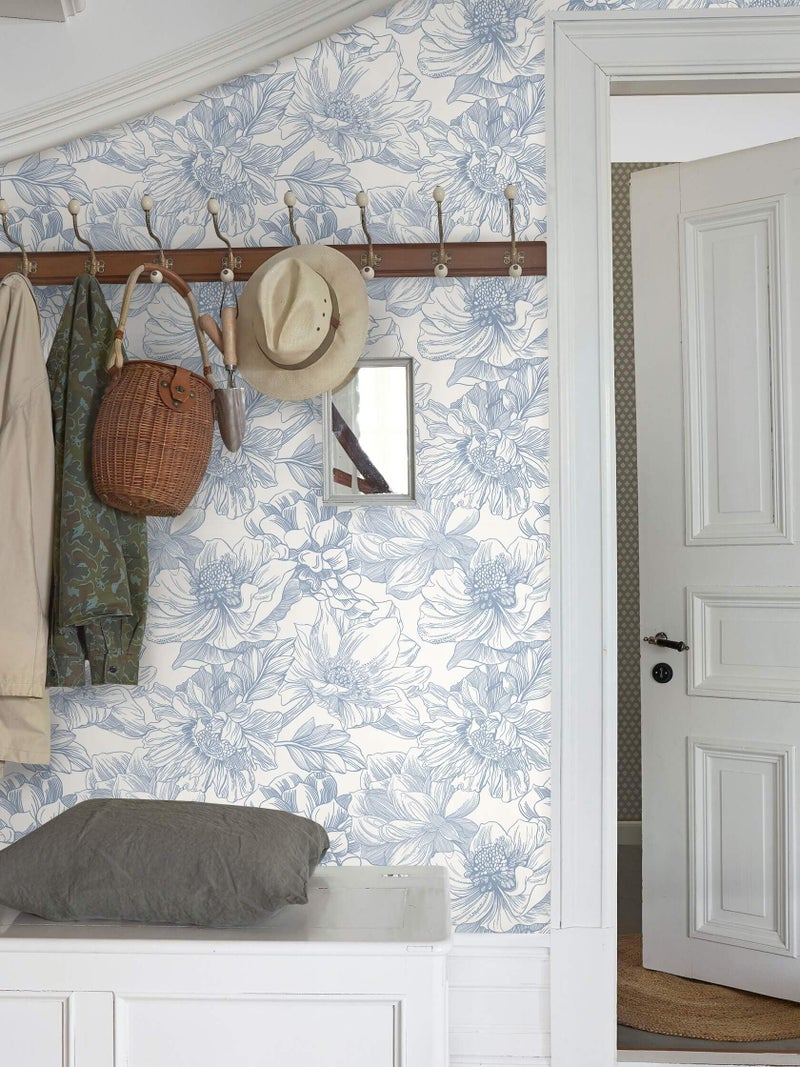Ismoon Vintage Floral Wallpaper Peel and Stick Beige and Blue Contact Paper 17.3inx6.5ft Removable Self Adhesive Wall Paper for Bathroom Bedroom Cabinet Mural Wall Decor Vinyl Renter Friendly - Image 5