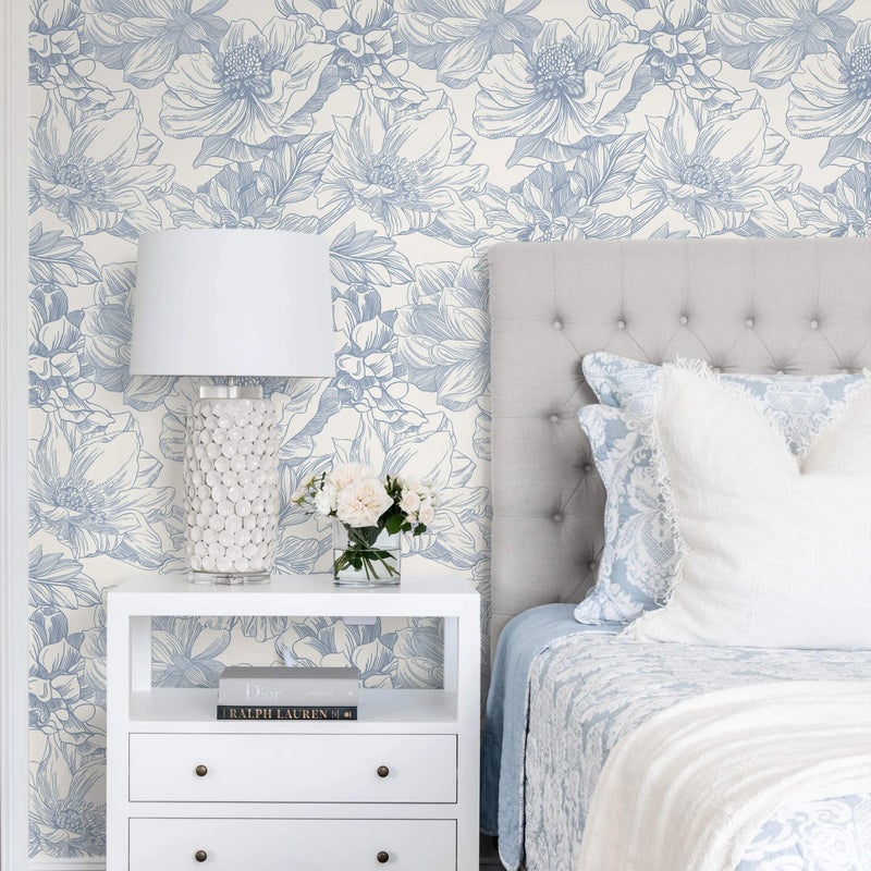 Ismoon Vintage Floral Wallpaper Peel and Stick Beige and Blue Contact Paper 17.3inx6.5ft Removable Self Adhesive Wall Paper for Bathroom Bedroom Cabinet Mural Wall Decor Vinyl Renter Friendly - Image 2