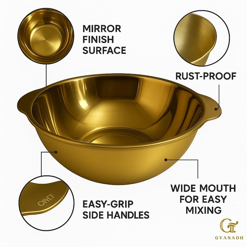 Gyanadh Golden Stainless Steel Mixing Bowl with Double Handles - 24.5 CM Non-Stick Cooking, Baking & Serving Bowl - Durable Everyday Pan for Food Prep, Frying, Kitchen Use - Image 2