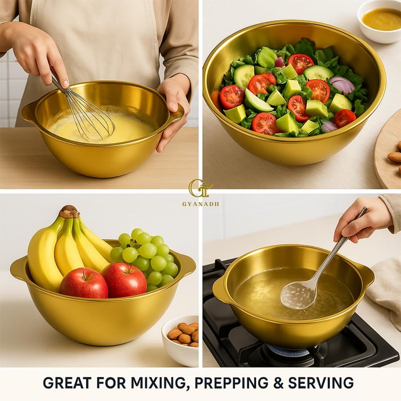 Gyanadh Golden Stainless Steel Mixing Bowl with Double Handles - 24.5 CM Non-Stick Cooking, Baking & Serving Bowl - Durable Everyday Pan for Food Prep, Frying, Kitchen Use - Image 4