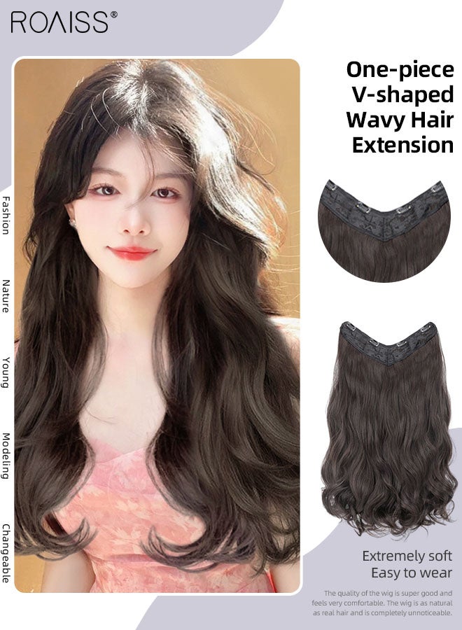 roaiss V-Shaped Brown Black Hair Extensions, One Piece Wavy Hair Extension With 4 Clips, Heat Resistant Synthetic Hairpiece For Women, 60Cm  - Image 1