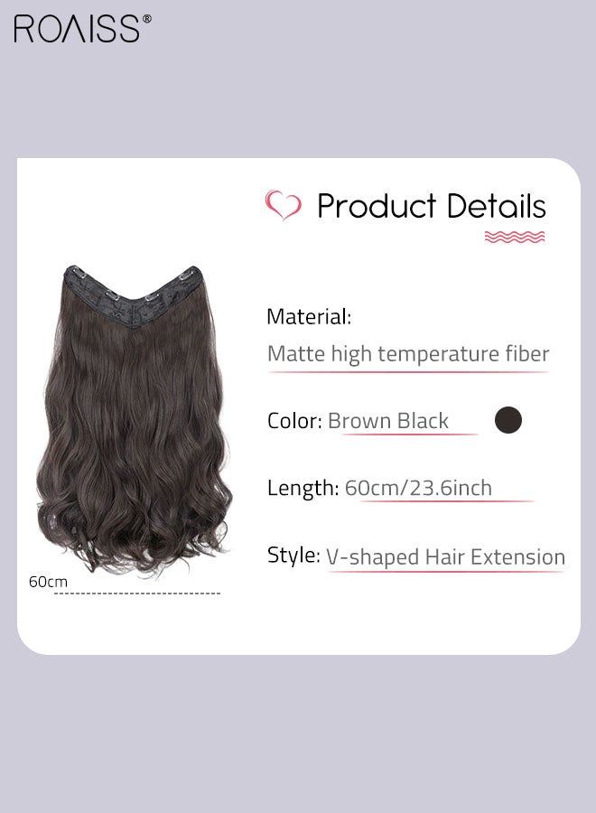 roaiss V-Shaped Brown Black Hair Extensions, One Piece Wavy Hair Extension With 4 Clips, Heat Resistant Synthetic Hairpiece For Women, 60Cm  - Image 3
