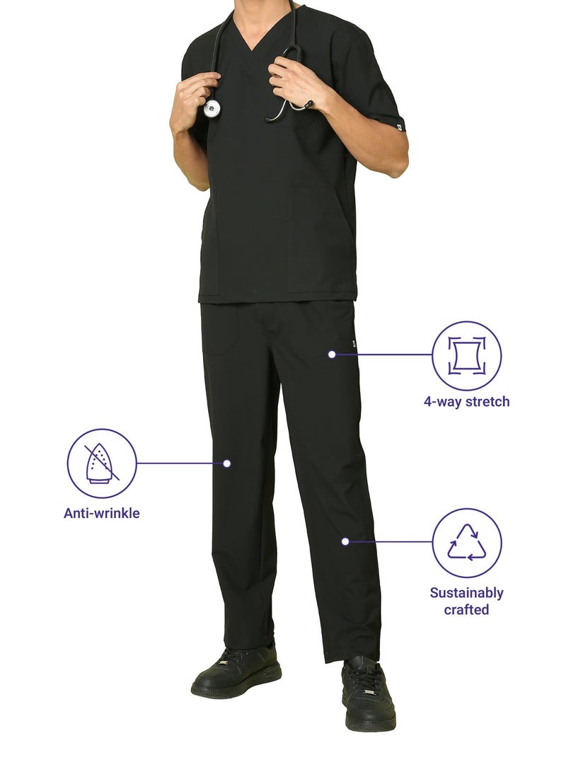 KNYA Ecoflex Men's 5 Pocket Active Scrub Suit | Athleisure wear | Modern V neck | For Doctors (Black) - Image 5