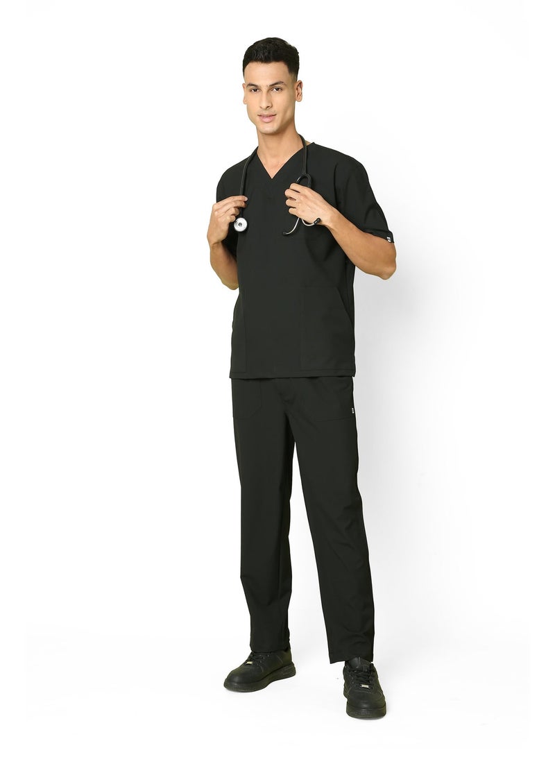 KNYA Ecoflex Men's 5 Pocket Active Scrub Suit | Athleisure wear | Modern V neck | For Doctors (Black) - Image 1