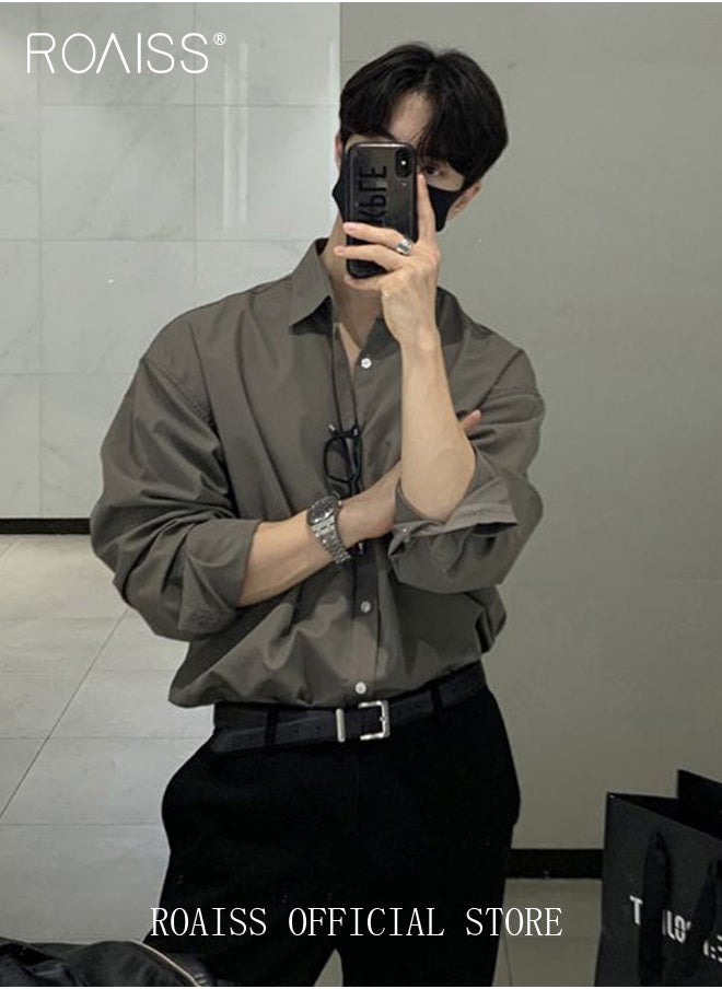 roaiss - Casual Long Sleeve Shirt Men's Casual Turn Down Collar Texture Shirts Vintage Buttons Solid Color Long Sleeve Leisure Clothes - Image 1