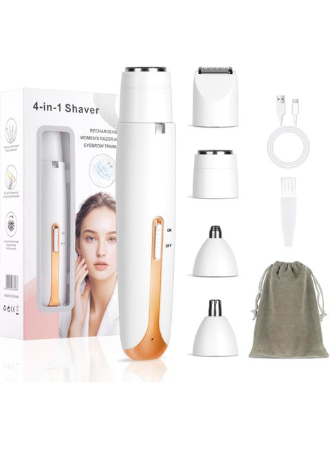 4-in-1 Rechargeable Women's Electric Grooming Kit, Cordless Personal Care Trimmer with Interchangeable Heads for Body, Facial Hair, Eyebrows & Nose Hair, Portable USB Charging
