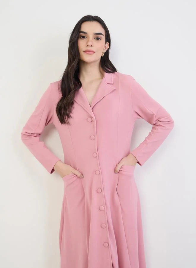 Pink Long Sleeves Blazer Midi Dress