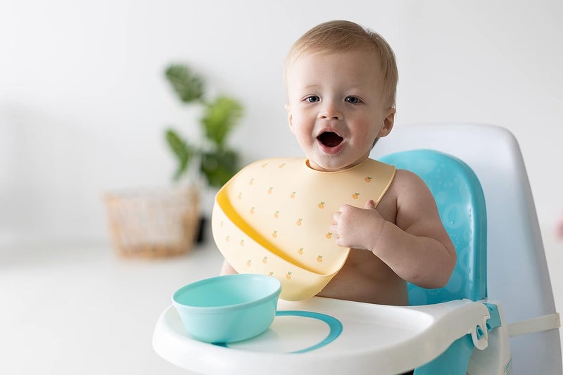 Pearhead Silicone Bib Set of 2 Youre a Peach Dishwasher Safe Bibs with Food Catcher Earth Tone Baby Bib Set Baby Feeding Accessory for New Parents and Expecting Parents 2 Baby Bibs - Image 4