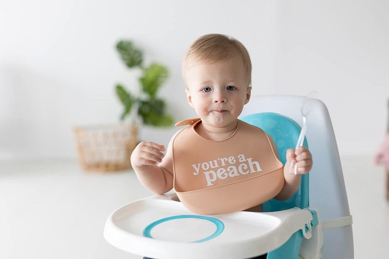 Pearhead Silicone Bib Set of 2 Youre a Peach Dishwasher Safe Bibs with Food Catcher Earth Tone Baby Bib Set Baby Feeding Accessory for New Parents and Expecting Parents 2 Baby Bibs - Image 2