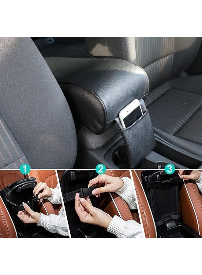 Car Armrest Booster Pad – Thick Memory Foam Console Cushion with Phone Pocket & Adjustable Straps – PU Leather Center Armrest Support for Driver Comfort & Elbow Relief – Universal Fit (Black) - Image 4